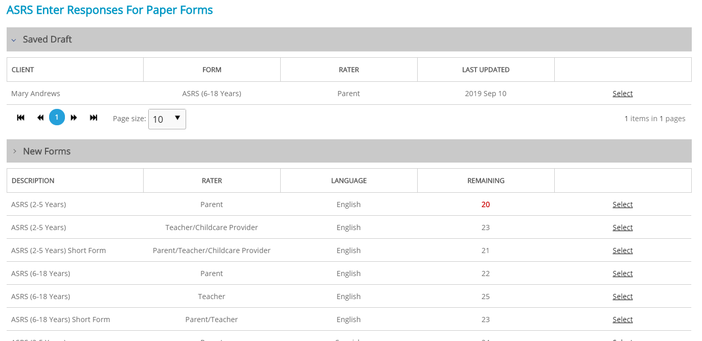 ASRS Enter Responses For Paper Forms