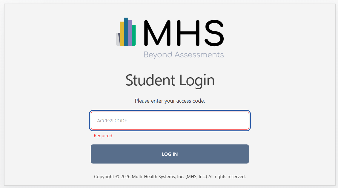 Login screen error showing that an access code was not provided