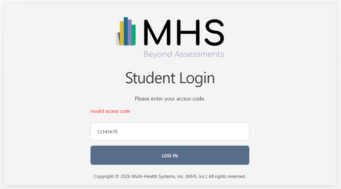 Login screen error showing that the access code was not found