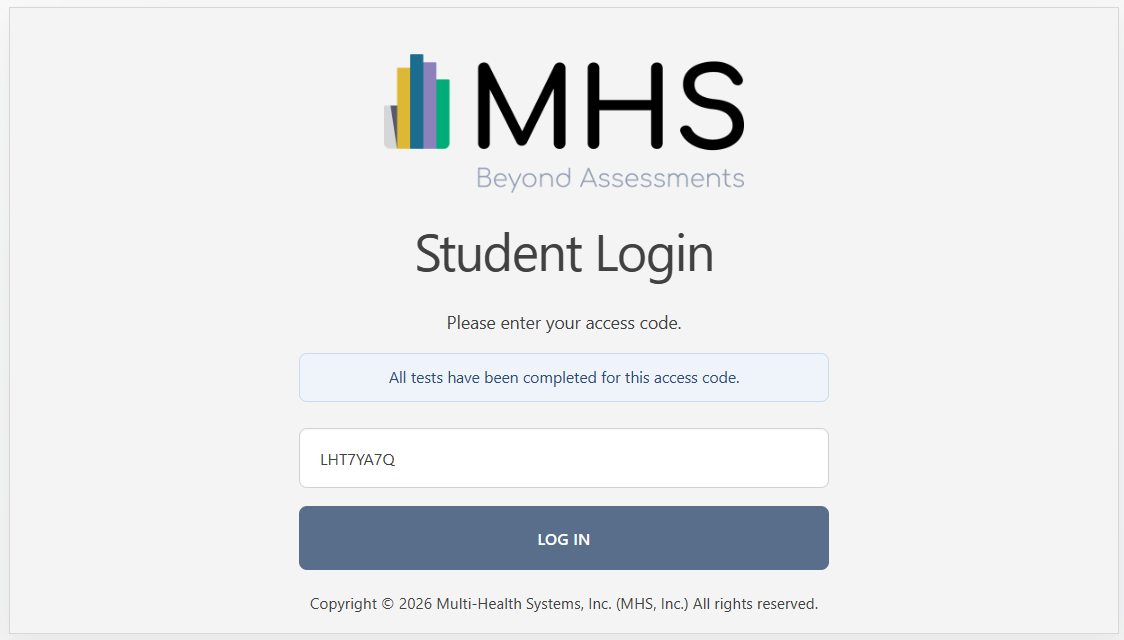 Login screen message showing that all tests for the access code have been completed