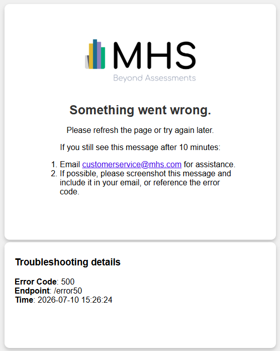 MHS error screen for 500, 502, or 504 server-side issue
