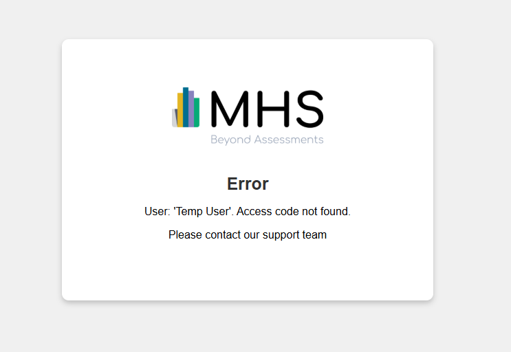 MHS error screen for access code not found